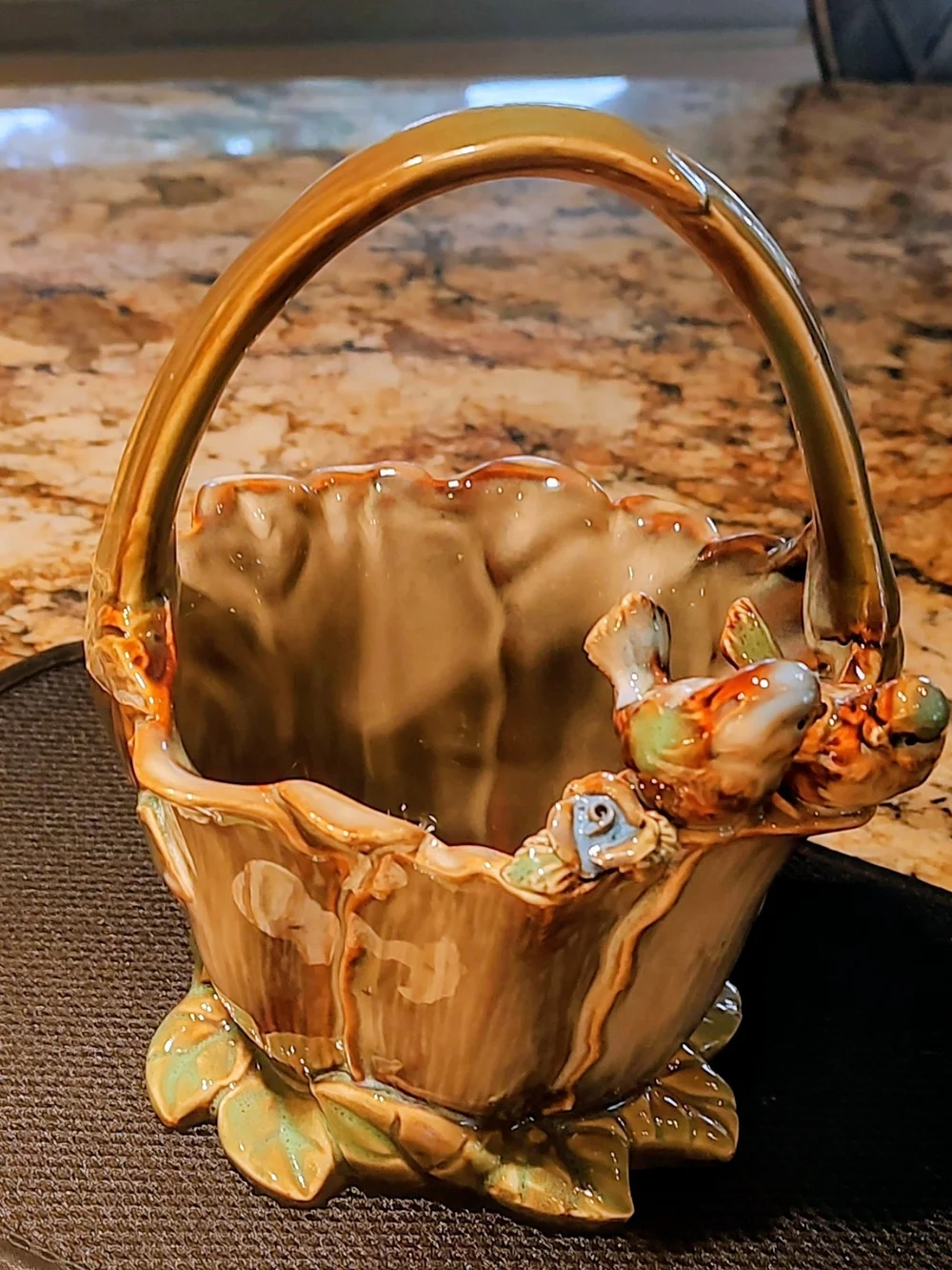 Hand-Painted Ceramic Bird Basket - Green and Brown Home Art